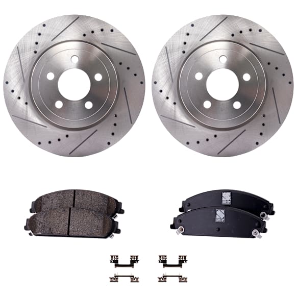 2012-2019 Dodge Challenger - 2-Wheel Set Front Brake Disc and Pad Kit, Cross-drilled and Slotted 5 Lugs 344.93 mm, Includes (2) Disc and (1) Pad Set