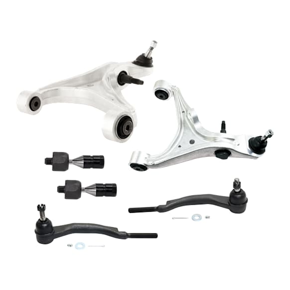 6-Piece Kit Front, Driver and Passenger Side, Lower, Inner and Outer Control Arms, Includes (2) Control Arm and (4) Tie Rod End
