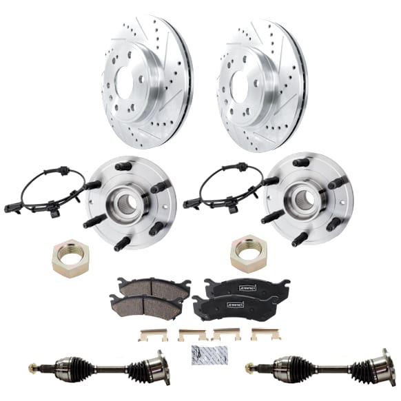 2-Wheel Set Front Brake Kit with Axle Assembly and Wheel Hubs, Cross-drilled and Slotted, 6 Lugs, 305.05 mm, Ceramic, Includes (2) Axle Assembly, (2) Brake Disc, (1) Brake Pad Set, and (2) Wheel Hub