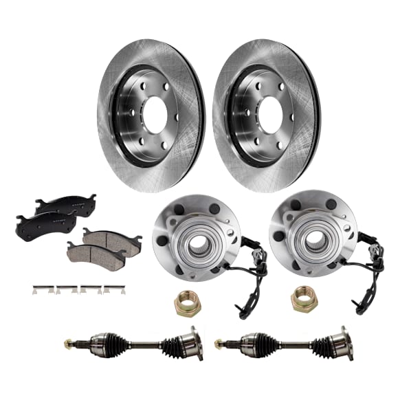 2-Wheel Set Front Brake Kit with Axle Assembly and Wheel Hubs, Plain Surface, 6 Lugs, 305.05 mm, Ceramic, Includes (2) Axle Assembly, (2) Disc, (1) Pad Set, and (2) Wheel Hub