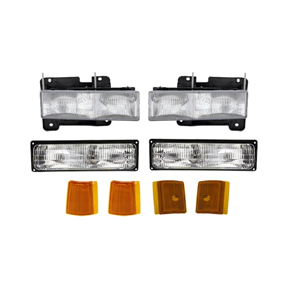 1999 GMC Yukon - 8-Piece Kit Driver and Passenger Side Halogen Headlight, With bulb(s), For Models Without Denali Package, OE Replacement,  Includes (2) Headlight, (2) Reflector, (2) Side Marker, and (2) Turn Signal Light