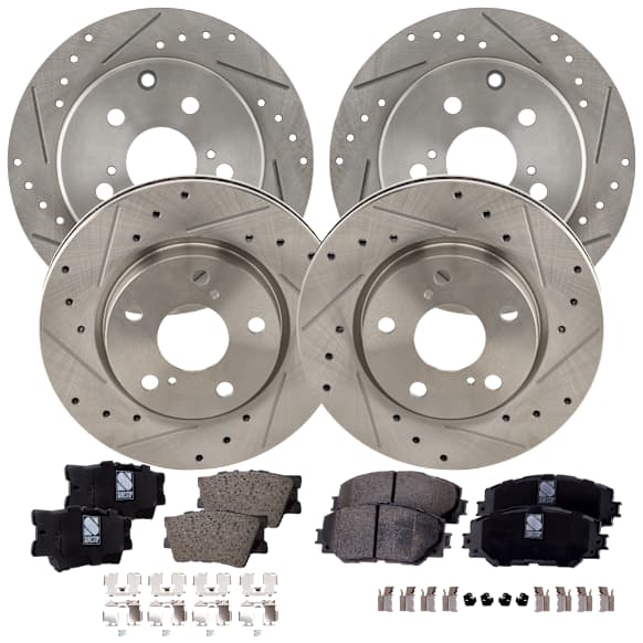 4-Wheel Set Front and Rear Brake Disc and Pad Kit, Cross-drilled and Slotted 5 Lugs Front-275.08 mm/Rear-280.8 mm, Includes (4) Brake Disc and (2) Brake Pad Set