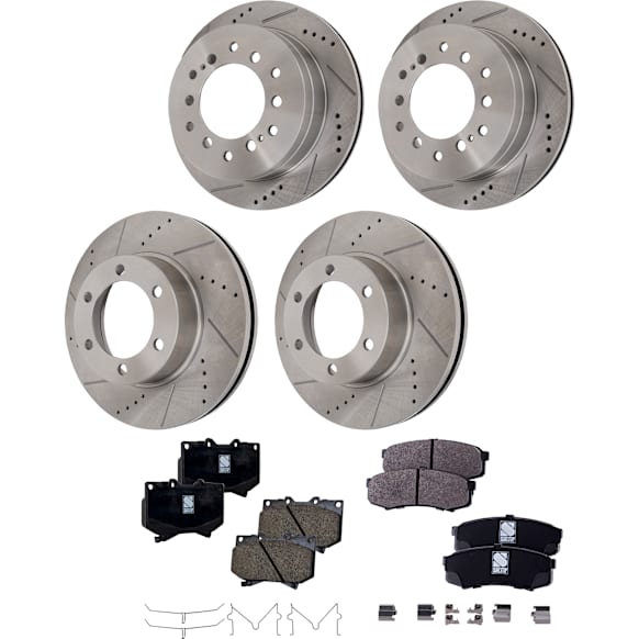 4-Wheel Set Front and Rear Brake Disc and Pad Kit, Cross-drilled and Slotted 6 Lugs Front-318.77 mm/Rear-311.91 mm, Includes (2) Brake Pad Set and (4) Brake Disc