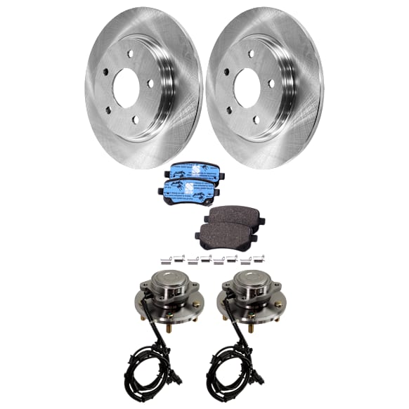 2-Wheel Set Rear, Driver and Passenger Side Wheel Hub, 5 Lugs, With Bearing, With Sensor, includes (2) Brake Disc, (1) Brake Pad Set, and (2) Wheel Hub