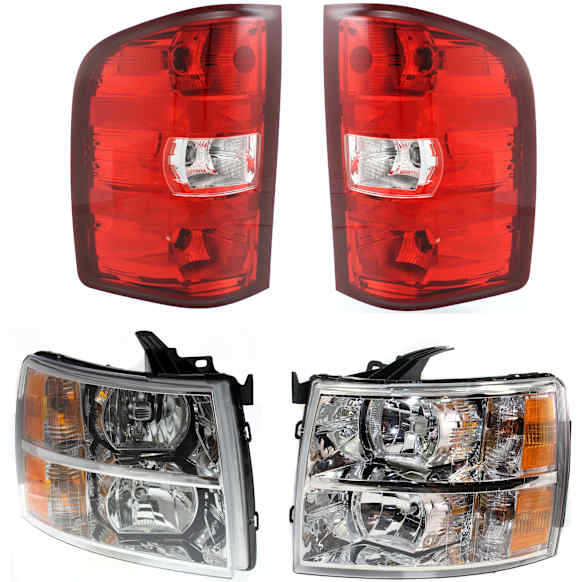 2011 Chevrolet Silverado 1500 - 4-Piece Kit Driver and Passenger Side Halogen Headlight, With bulb(s), OE Replacement,  Includes (2) Headlight and (2) Tail Light