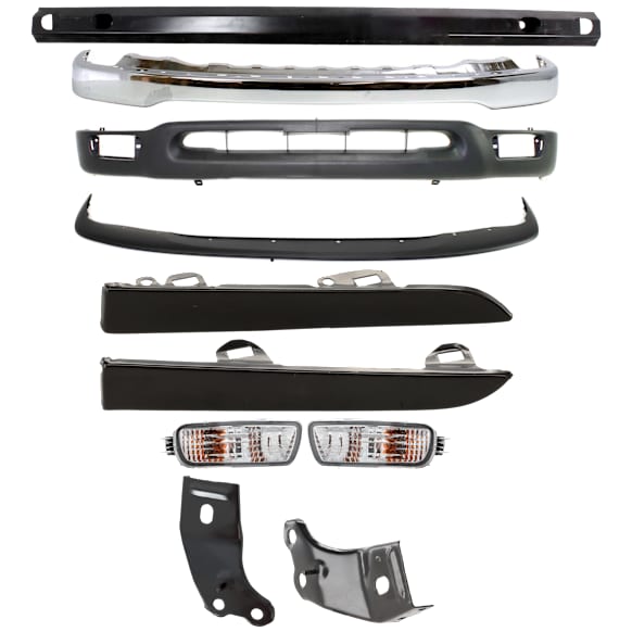 10-Piece Kit, Front Bumper, Chrome, Includes (1) Bumper, (2) Bumper Bracket, (1) Bumper Filler, (1) Bumper Reinforcement, (2) Headlight Filler, (2) Turn Signal Light, and (1) Valance