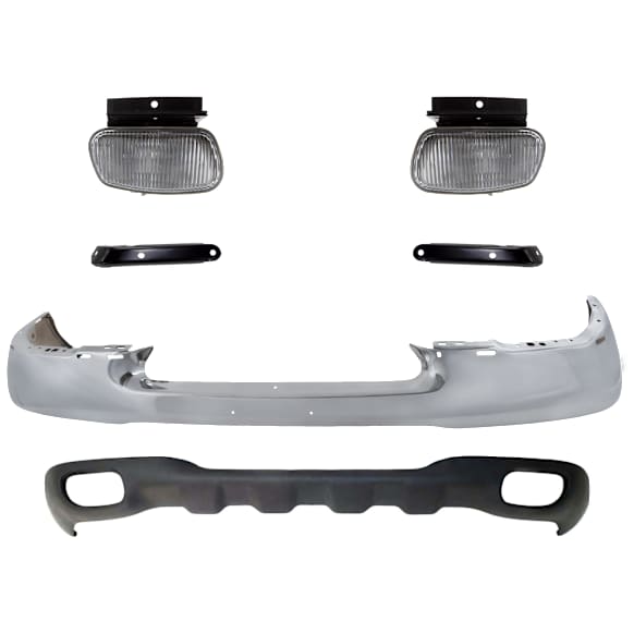 1999 Ford Ranger - 6-Piece Kit Front Bumper, Except STX Model, Styleside, For Models With Fog Lights, Chrome, Includes (1) Bumper, (2) Bumper Bracket, (2) Fog Light, and (1) Valance
