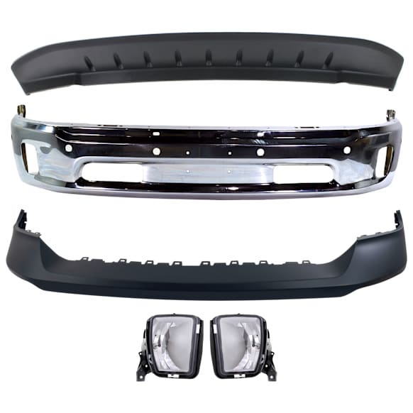 2015 Ram 1500 - 5-Piece Kit Front Bumper, For Models With Two Piece Bumper Type, Chrome, Includes (1) Bumper, (1) Bumper Cover, (2) Fog Light, and (1) Valance