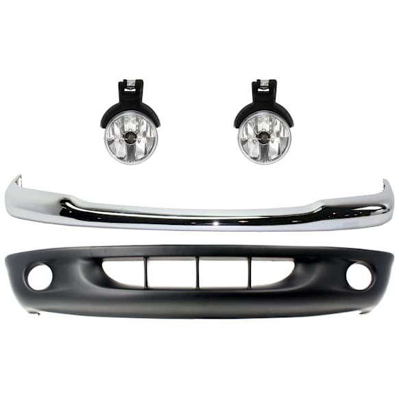 1997 Dodge Dakota - 4-Piece Kit Front Bumper, Chrome, Includes (1) Bumper, (1) Bumper Cover, and (2) Fog Light
