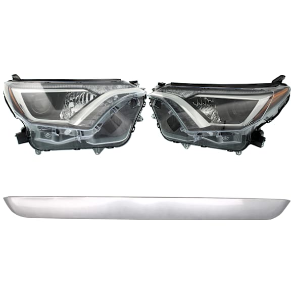 2016 Toyota RAV4 - 4-Piece Kit Driver and Passenger Side Halogen Headlight, Without bulb(s), Japan Built Vehicle, OE Comparable Finish, Sport Utility, Includes (2) Bumper Trim and (2) Headlight