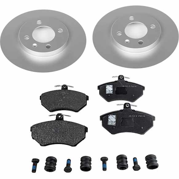 KIT-090221-437 2-Wheel Set Front Brake Disc and Pad Kit, Plain Surface 4 Lugs Organic Brake Disc Evolution Geomet Coated High Carbon; Brake Pad Set Pro-Line Series, Includes (2) Brake Disc and (1) Brake Pad Set
