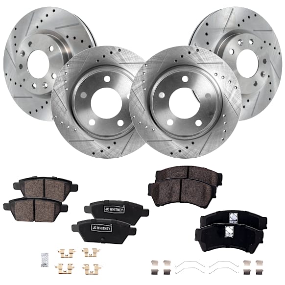 2006-2010 Ford Fusion - 4-Wheel Set Front and Rear Brake Disc and Pad Kit, Cross-drilled and Slotted 5 Lugs Ceramic Pro-Line Series, Includes (4) Disc and (2) Pad Set