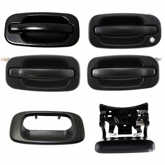 2001-2006 GMC Sierra 2500 HD - 6-Piece Kit Tailgate Handle and Bezel, Textured Black, Plastic, Without Camera Hole, Without Key Hole, Includes (4) Exterior Door Handle and (2) Tailgate Handle