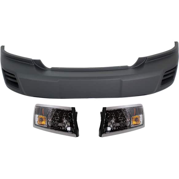 3-Piece Kit Driver and Passenger Side Halogen Headlight, With bulb(s), For Models Without Tow Hook Holes, OE Replacement, Includes (1) Bumper Cover and (2) Headlight