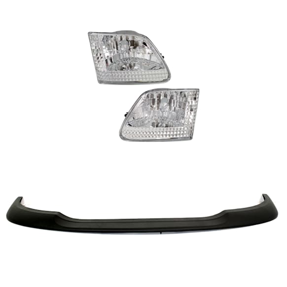 3-Piece Kit Driver and Passenger Side Halogen Headlight, Without bulb(s), Clear Lens, Chrome Interior, Includes (2) Bumper Trim and (1) Headlight