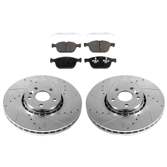2014 Volvo XC60 - 2-Wheel Set Front Brake Disc and Pad Kit, Cross-drilled and Slotted 5 Lugs Semi-metallic Evolution Drilled & Slotted Series, Includes (1) Brake Disc and (1) Brake Pad Set
