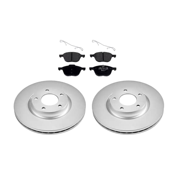 KIT-090821-343 2-Wheel Set Front Brake Disc and Pad Kit, Plain Surface 5 Lugs Ceramic Evolution Geomet Coated High Carbon, Includes (2) Brake Disc and (1) Brake Pad Set