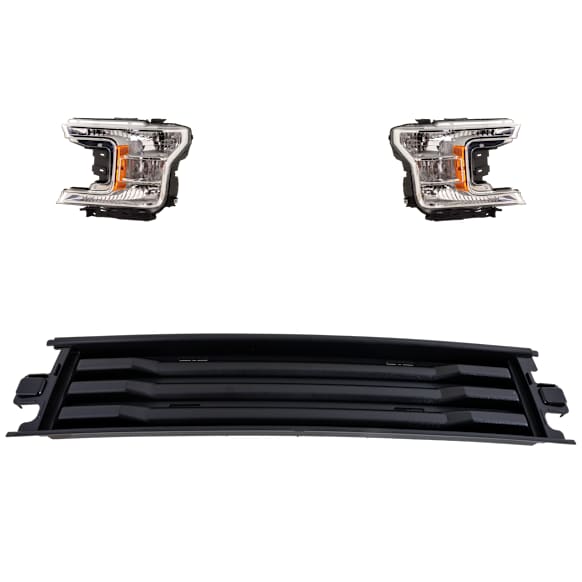 3-Piece Kit Driver and Passenger Side Halogen Headlight, With bulb(s), OE Replacement, Includes (1) Bumper Trim and (2) Headlight