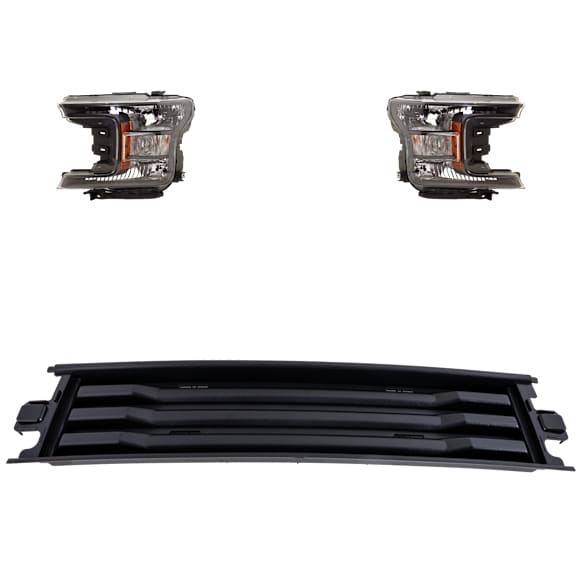 3-Piece Kit Driver and Passenger Side Halogen Headlight, With bulb(s), OE Replacement, Includes (1) Bumper Trim and (2) Headlight