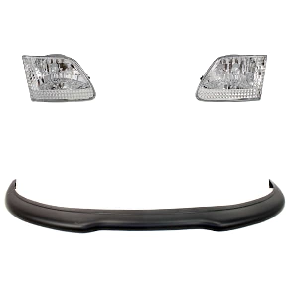 3-Piece Kit Driver and Passenger Side Halogen Headlight, Without bulb(s), Clear Lens, Chrome Interior, Includes (2) Bumper Trim and (1) Headlight