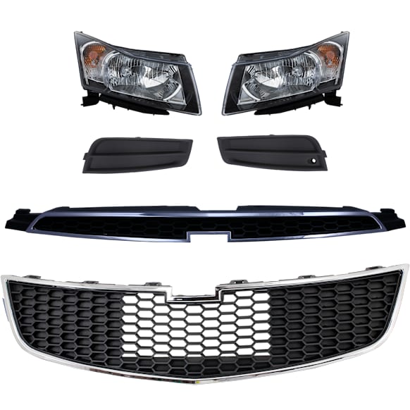 6-Piece Kit Driver and Passenger Side Halogen Headlight, Includes (1) Bumper Grille, (2) Fog Light Cover, (1) Grille and (2) Headlight