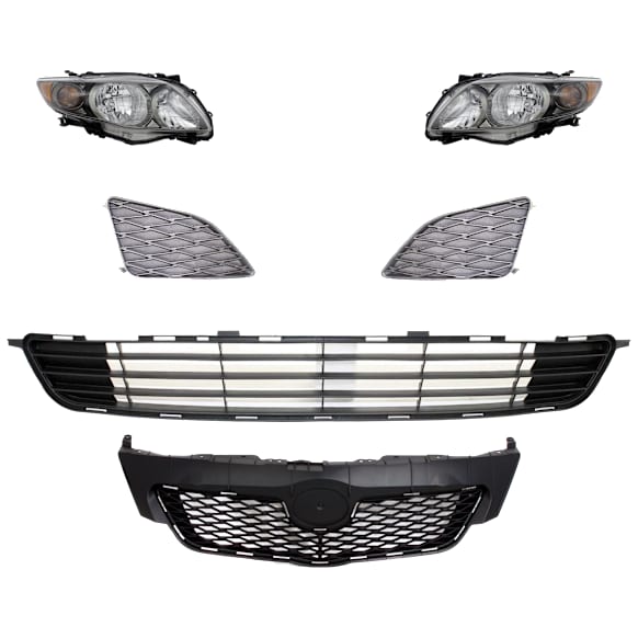 6-Piece Kit Driver and Passenger Side Halogen Headlight, Includes (1) Bumper Grille, (2) Fog Light Cover, (1) Grille Assembly, and (2) Headlight, CAPA Certified
