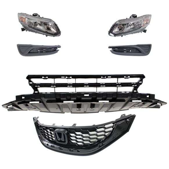 6-Piece Kit Driver and Passenger Side Halogen Headlight, Includes (1) Bumper Grille, (2) Fog Light Cover, (1) Grille and (2) Headlight