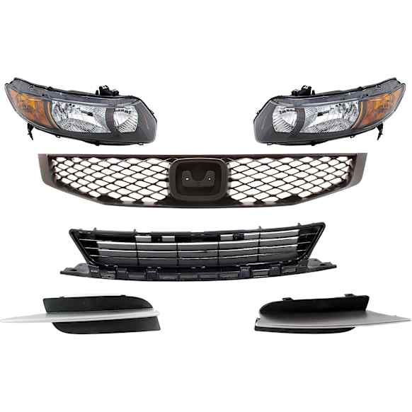 6-Piece Kit Driver and Passenger Side Halogen Headlight, Without bulb(s), Includes (1) Bumper Grille, (2) Fog Light Cover, (1) Grille Assembly, and (2) Headlight