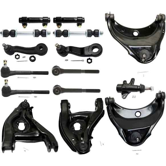15-Piece Kit Front and Lower Control Arm Kit Includes (4) Control Arm, (4) Tie Rod End, (2) Tie Rod Adjusting Sleeve, (2) Sway Bar Link, (1) Pitman Arm, (1) Idler Arm and (1) Idler Arm Bracket