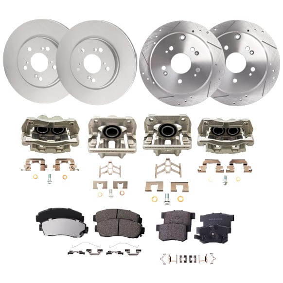 Front and Rear Brake Kit With Calipers, Natural Finish, Front-Plain Surface/Rear-Cross-drilled and Slotted, 5 Lugs, Front-295.91 mm/Rear-304.4 mm, Ceramic, AWD