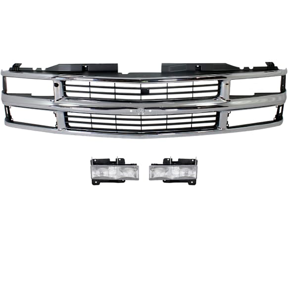 3-Piece Kit, Grille Chrome Shell with Painted Black Insert, Includes (1) Grille and (2) Headlight