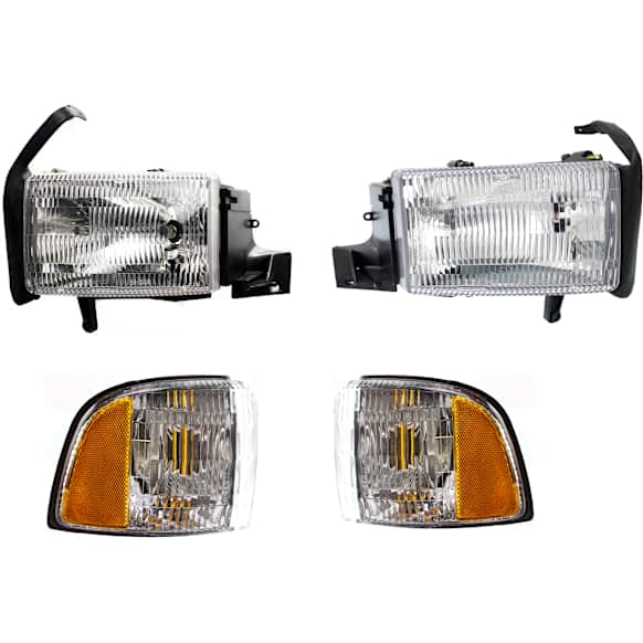1998 Dodge Ram 1500 - 4-Piece Kit Driver and Passenger Side Halogen Headlight, With bulb(s), OE Replacement,  Includes (2) Corner Light and (2) Headlight