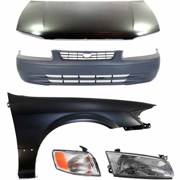 5-Piece Kit Factory Style Hood, USA Built Vehicle, Steel, Primed, Includes (1) Bumper Cover, (1) Corner Light, (1) Fender, (1) Headlight, and (1) Hood