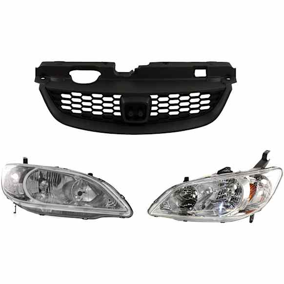 2004-2005 Honda Civic - 3-Piece Kit Driver and Passenger Side Halogen Headlight, Without bulb(s), Coupe, OE Replacement, Includes (1) Grille Assembly and (2) Headlight