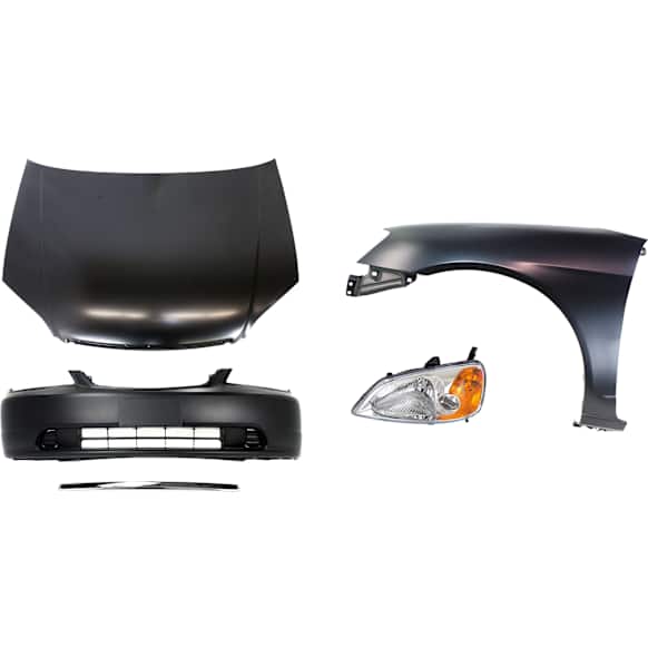 2003 Honda Civic - 5-Piece Kit Factory Style Hood, Steel, Primed, Sedan,  Includes (1) Bumper Cover, (1) Fender, (1) Headlight, (1) Hood, and (1) Hood Molding