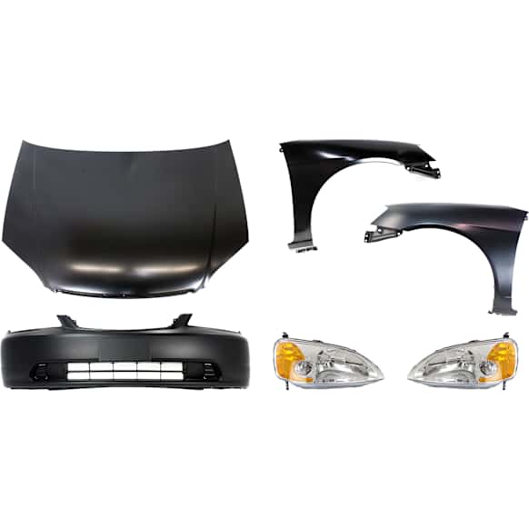 2001 Honda Civic - 6-Piece Kit Factory Style Hood, Steel, Primed, Coupe,  Includes (1) Bumper Cover, (2) Fender, (2) Headlight, and (1) Hood