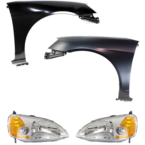 4-Piece Kit Driver and Passenger Side Halogen Headlight, Without bulb(s), OE Replacement, Coupe, Includes (2) Headlight and (2) Fender