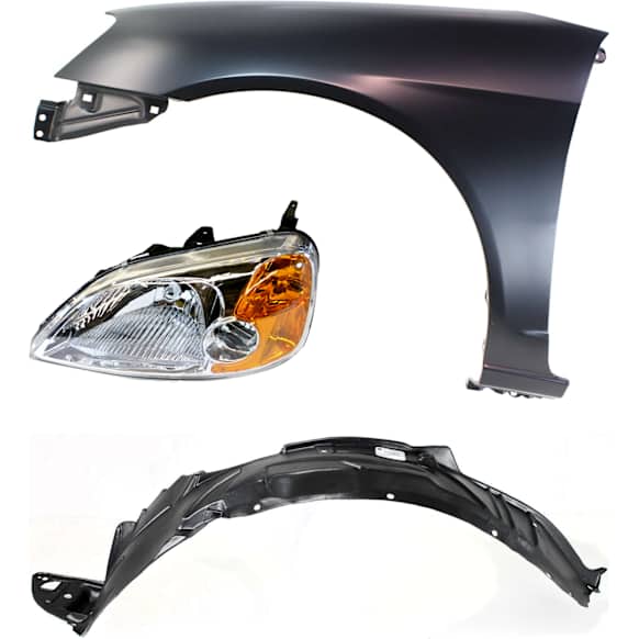 3-Piece Kit Driver Side Halogen Headlight, Without bulb(s), OE Replacement, Coupe, Includes (1) Headlight, (1) Fender and (1) Fender Liner