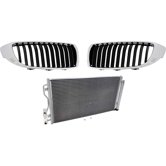 3-Piece Kit Base Driver and Passenger Side Grille Chrome Shell w/ Textured Black Insert, Includes (1) A/C Condenser and (2) Grille Assembly