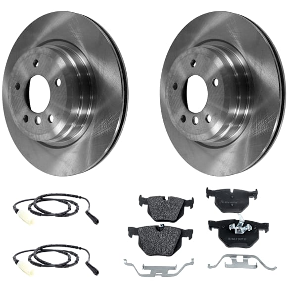 2-Wheel Set Rear Brake Disc and Pad Kit, Plain Surface 5 Lugs 336.04 mm Organic, Includes (2) Brake Disc, (1) Brake Pad Set and (2) Brake Pad Sensor