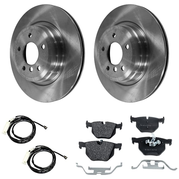 2-Wheel Set Rear Brake Disc and Pad Kit, Plain Surface 5 Lugs 336.04 mm Organic AWD, Includes (2) Brake Disc, (1) Brake Pad Set and (2) Brake Pad Sensor
