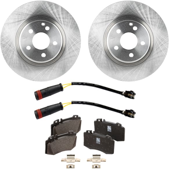 2-Wheel Set Front Brake Disc and Pad Kit, Plain Surface 5 Lugs 329.95 mm Organic, Includes (2) Brake Disc, (1) Brake Pad Set and (2) Brake Pad Sensor