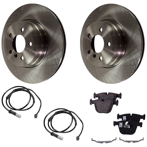 2-Wheel Set Rear Brake Disc and Pad Kit, Plain Surface 5 Lugs 344.93 mm Organic, Includes (2) Brake Disc, (1) Brake Pad Set and (2) Brake Pad Sensor