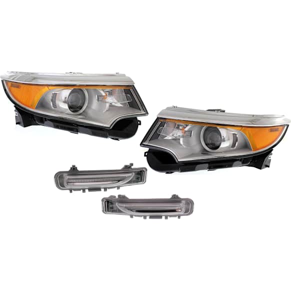 2011-2014 Ford Edge - 4-Piece Kit Driver and Passenger Side Halogen Headlight, With bulb(s), OE Replacement, Sport Utility, Includes (2) Parking Light and (2) Headlight