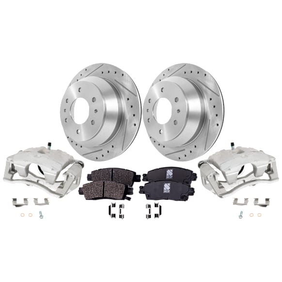 2-Wheel Set Rear Brake Kit With Calipers, Cross-drilled and Slotted 6 Lugs 325.12 mm Semi-metallic, Includes (2) Brake Caliper, (1) Brake Pad Set and (2) Brake Disc