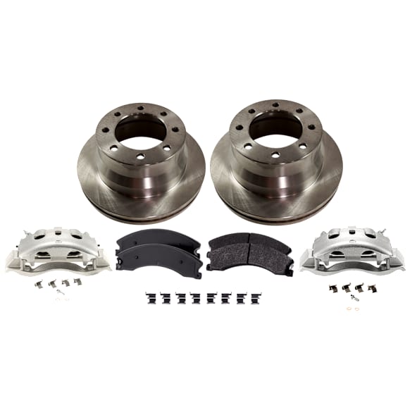 2-Wheel Set Rear Brake Kit With Calipers, Plain Surface 8 Lugs 344.93 mm Semi-metallic, Includes (2) Brake Caliper, (2) Brake Disc and (1) Brake Pad Set