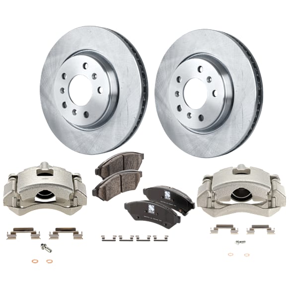 2-Wheel Set Front Brake Kit With Calipers, Plain Surface 5 Lugs 296.93 mm Ceramic FWD, Includes (2) Brake Caliper, (2) Brake Disc and (1) Brake Pad Set