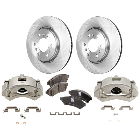 2-Wheel Set Front Brake Kit With Calipers, Plain Surface 6 Lugs 296.93 mm Ceramic FWD, Includes (2) Brake Caliper, (2) Brake Disc and (1) Brake Pad Set