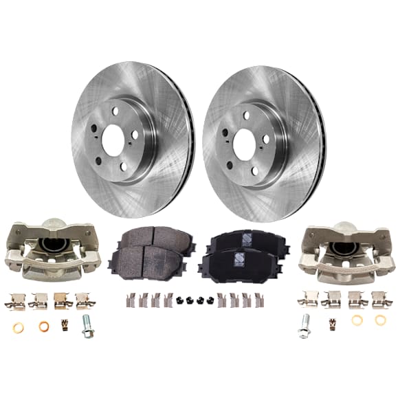 2-Wheel Set Front Brake Kit With Calipers, Plain Surface 5 Lugs 275.08 mm Ceramic FWD, Includes (2) Brake Caliper, (2) Brake Disc and (1) Brake Pad Set