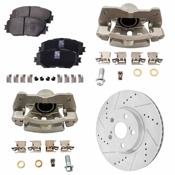 2-Wheel Set Front Brake Kit With Calipers, Cross-drilled and Slotted 5 Lugs 275 mm Ceramic FWD, Includes (2) Brake Caliper, (2) Brake Disc and (1) Brake Pad Set